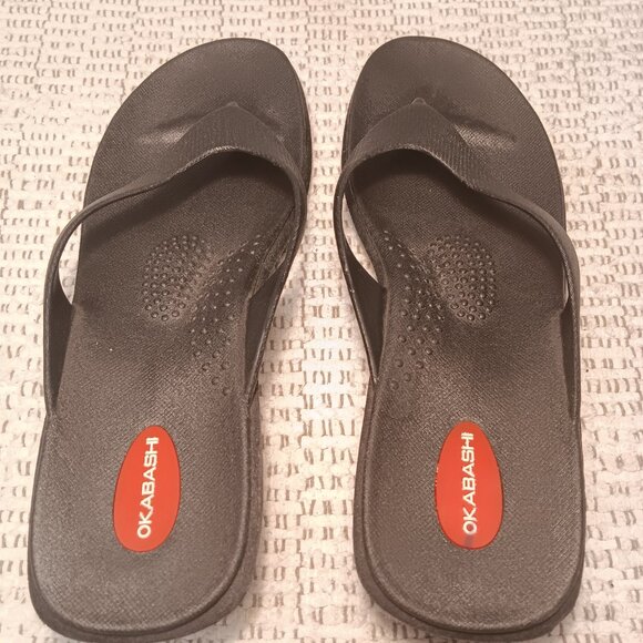 Okabashi women's black low wedge heel flip flops Made in USA sz L / 9.5 - 10.5 - Picture 3 of 11